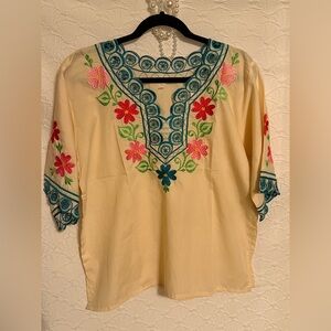 Handmade in MX Embroidered Cream Women's Top with Teal Accents